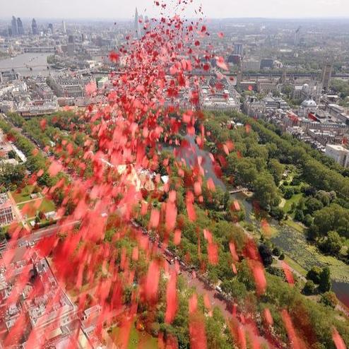 영국 폭격사령부 기념일 행사에서 붉은 양귀비 꽃잎을 뿌리는 랭카스터 폭격기