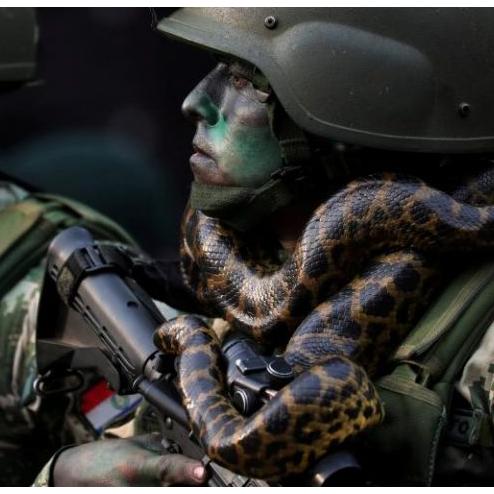 뱀을 두르고 행진 하는 파라과이 군인들